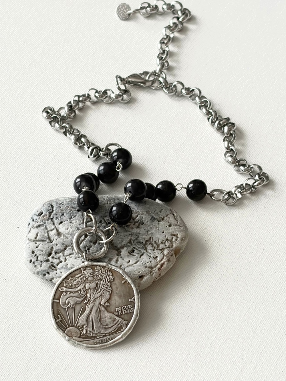 Lady Liberty Replica Coin Pendant Stainless Steel and Black Onyx Beads Chain
